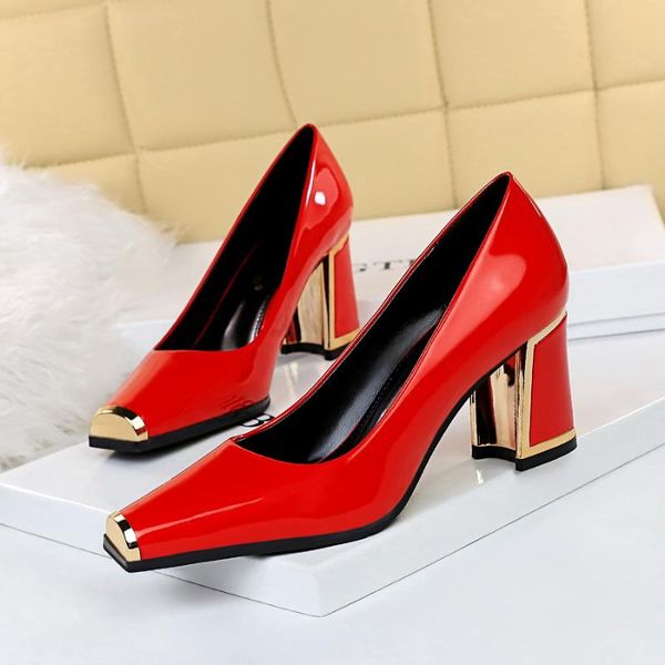 

dress shoes fashion women pumps metal heels square head ladies red black office party wedding