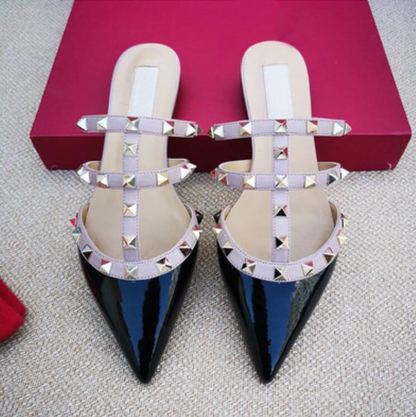 

sandals summer v brand flat sandals and rivets pointed toe slippers women shoes size eu35-43, Black