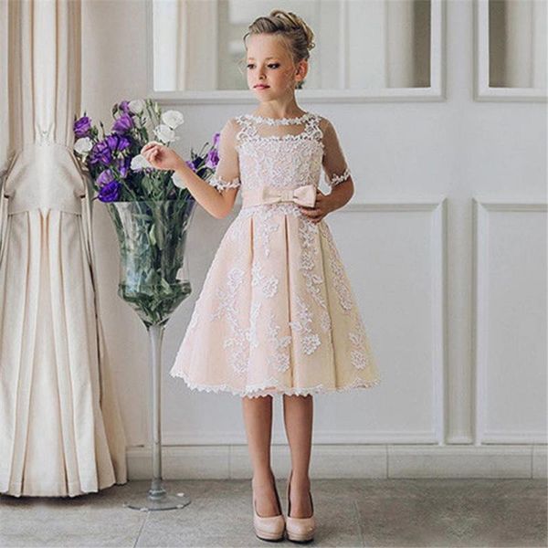 

girl's dresses half sleeve princess flower girl for wedding holy communion gown birthday party dress lace applique banquet, Red;yellow
