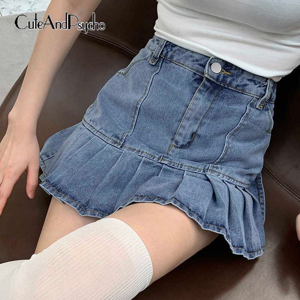 

fashion women mini skirts solid y2k cute slim korean pleated vintage casual denim high waist skirt streetwear cuteandpscho y0824, Black