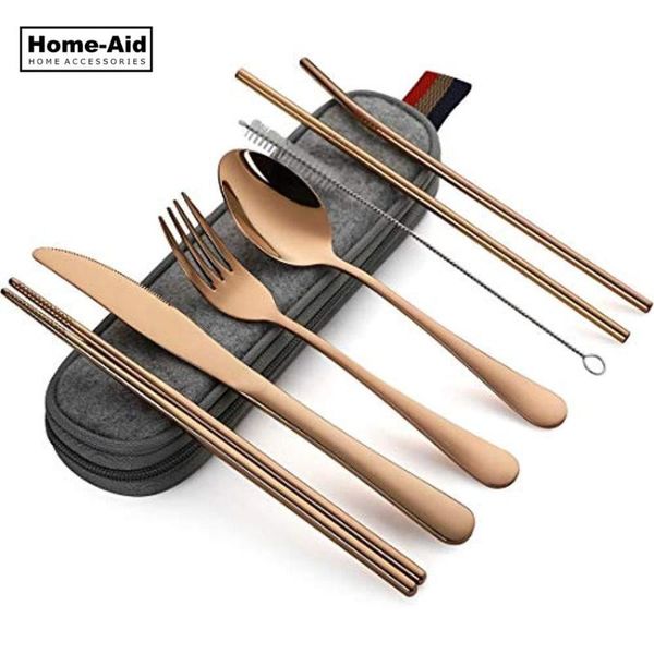 

dinnerware sets 8pcs/set tableware reusable travel cutlery set camp utensils with stainless steel spoon fork chopsticks straw portable case