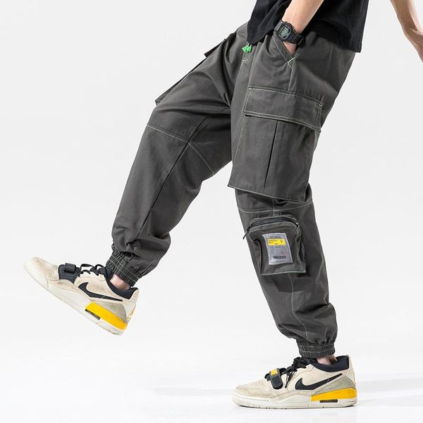 

men's pants multi-pocket cargo harem men elastic waist hip hop casual trousers joggers male japanese streetwear, Black
