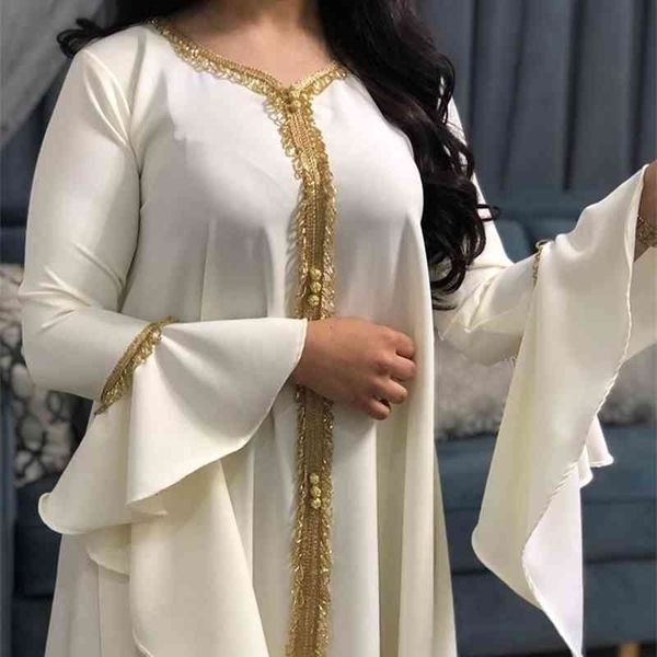 Siskakia jalabiya kaftan vestido para mulheres Dubai Turquia fita dourada bordado solto muçulmano árabe árabe roupas islâmicas brancas 201025