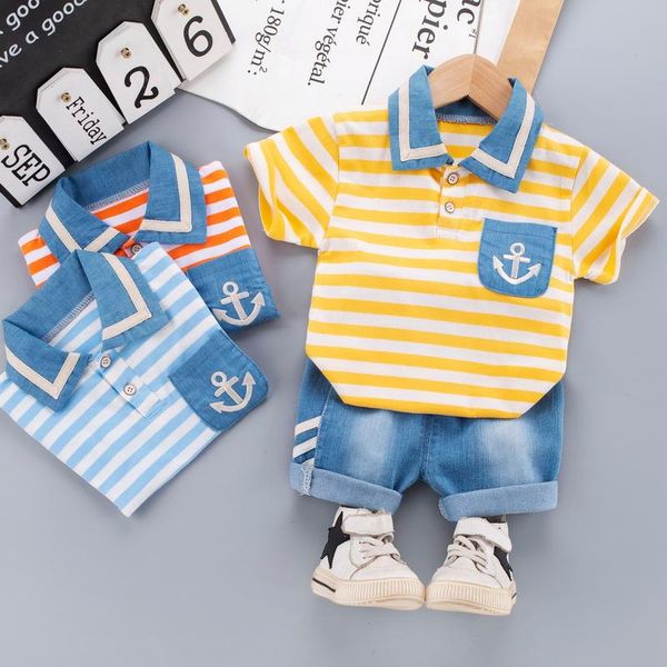 

summer toddler baby boys/girls clothing sets cartoon ship's anchor children clothes kids cotton t shits+denim shorts 2pcs, White