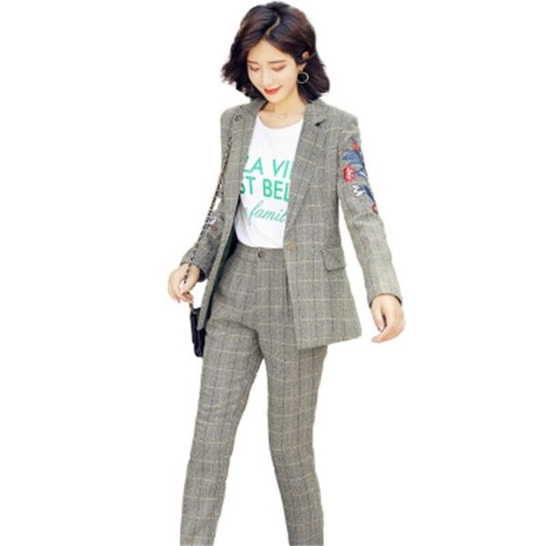 

plaid small suit women's ladies temperament embroidered jacket nine pants elegant fashion two-piece jq213 two piece, White