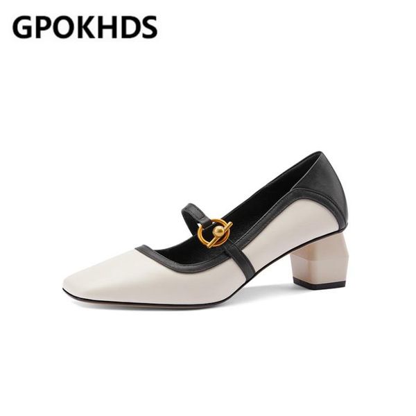 

dress shoes gpokhds 2021 women pumps cow leather spring/autumn square toe buckle strap high heels female size 39, Black