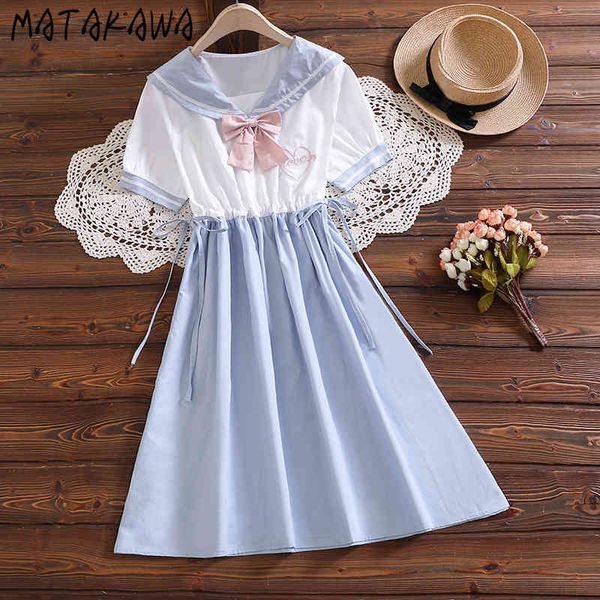 MATAKAWA Abito da donna giapponese Abiti estivi Colletto da marinaio Bowknot Abito Femme Vita sottile Cuciture a nastro Manica corta Vestido 210513