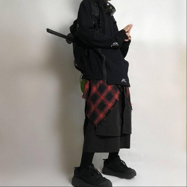 

hip hop women skirt high street hem ribbon culottes men and waist belt decoration mock two piece plaid shirt fashion, Black