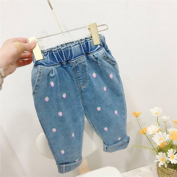 

jeans casual spring autumn girls pants kids princess trousers children strawberry print outfits wt1162, Blue