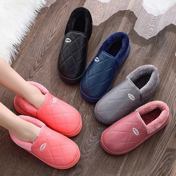 

slippers 2021 winter non-slip soft-soled household cotton women's home thick-soled men's elderly waterproof pu, Black