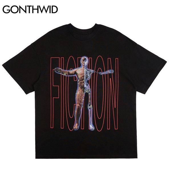 T-shirt Streetwear Hip Hop İnsan Vücudu Baskı Punk Kaya Gotik Tees Gömlek Harajuku Moda Kısa Kollu Tişörtleri Tops 210602