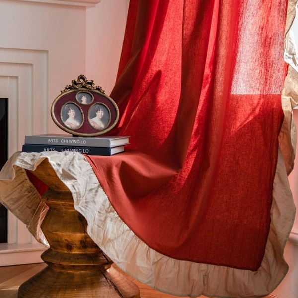 

curtain & drapes minimalism red french ruffle cotton linen semi shading bedroom bay window living room home decor