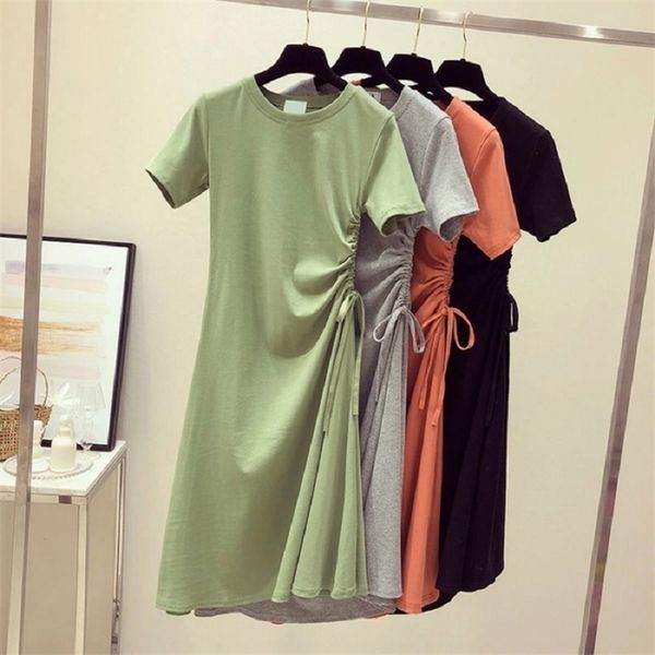 

women solid summer t shirt dress casual round short sleeve drawstring lady basic korean harajuku knee length for holiday 210520, Black;gray