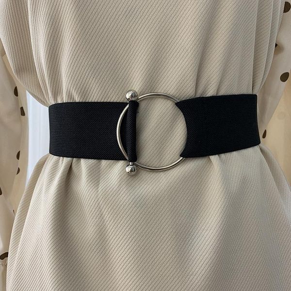 

belts women black simple waist elastic ladies band round buckle decoration coat sweater fashion dress rice white, Black;brown