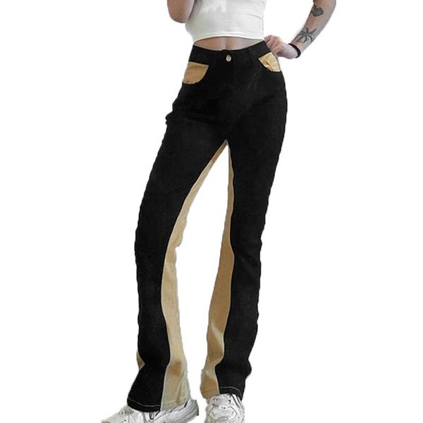 

women's jeans patchwork women spring autumn fashion slim high waist bell bottom woman casual skinny denim flared pants streetwear, Blue