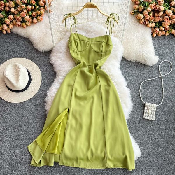 

casual dresses summer french seaside green beach dress women strapless spaghetti strap girl medium backless side split slip, Black;gray