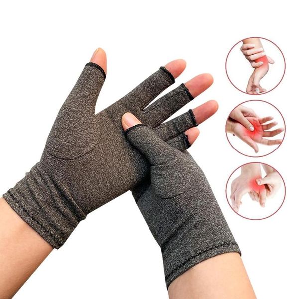

pair compression arthritis gloves for women men joint pain relief half finger brace therapy wrist support anti-slip, Black;red