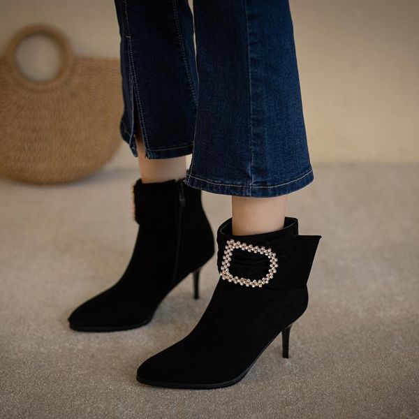 

boots 2021 autumn spring women's ankle thin heel pointed toe elegant short women shoes large size beige black