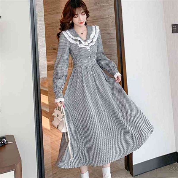 

spring korean vintage temperament office ol plaid casual single breasted high waist slim big swing elegant dress vestidos 210519, Black;gray