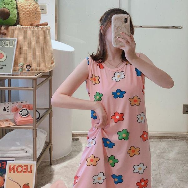 

cartoon mouse print night womens sleepwears dress loose nightgown sleeveless sleepshirts nightdress nightie sleepwear, Black;red