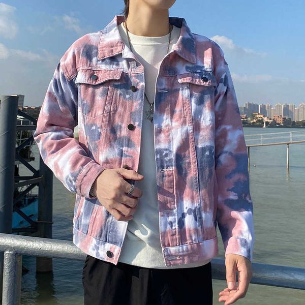 Mode für Männer Slim Denim Jacke Wolke Tie-Dye-Druck Rosa Hellblau Allgleiches Trend Casual Streetwear Frühling Herbst Mantel Männlich X0710