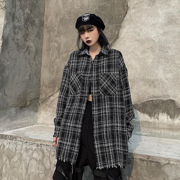 

women's blouses & shirts korean harajuku plaid long sleeve bf loose casual ins hipster plus size women clothing fashion ladies 2021, White
