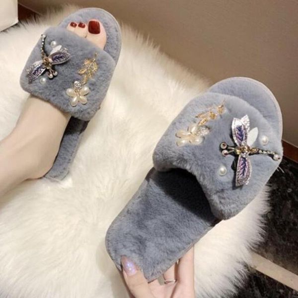 

autumn women slippers plush home shoes ladies furry indoor non-slip flip flops warm fluffy xx641, Black