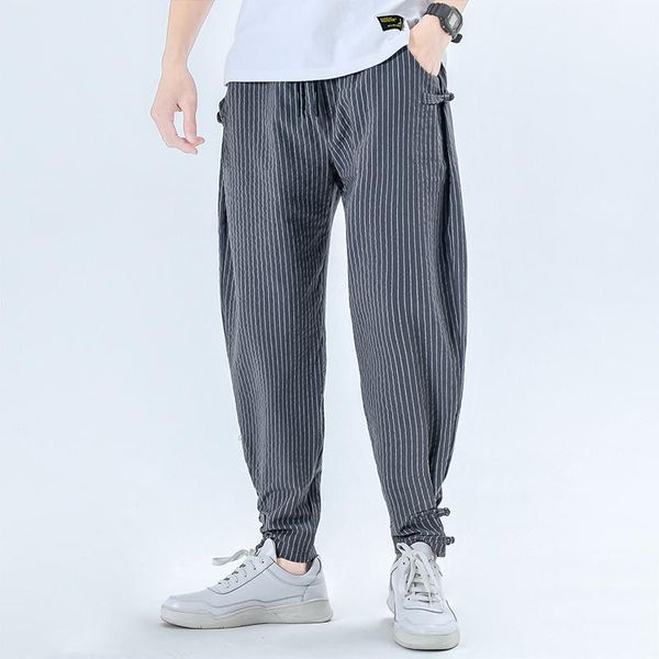 

men's pants casual loose striped cropped nice summer hip hop streetwear elastic waist chinese style cotton linen, Black