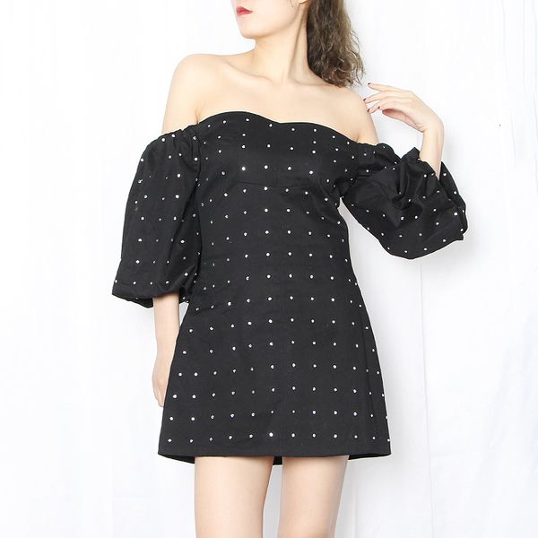

dresses diamonds patchwork women off shoulder slash neck half sleeve high waist slim mini party es 2021, Black;gray