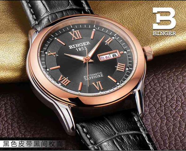 

make swiss luxury gentlemen watches binger illuminating mechanical leather band waterproof bg-0383-13, Slivery;brown
