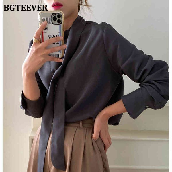 

knits new elegant work wear bow neck women shirt blouses 2021 spring office ladies long sleeve loose blusas femme slkf, White
