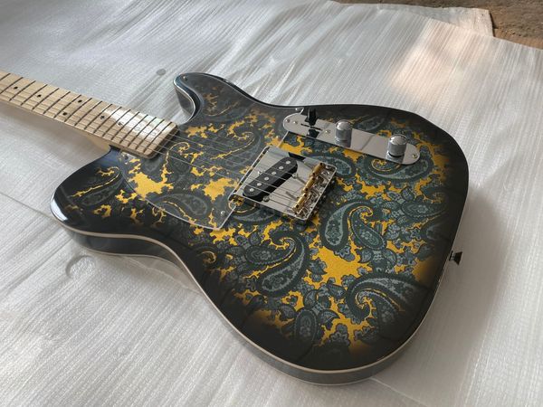 Paisley preto ouro guitarra elétrica dupla ligação de corpo branco, escala de pescoço de bordo, pickguard transparente, hardware cromado