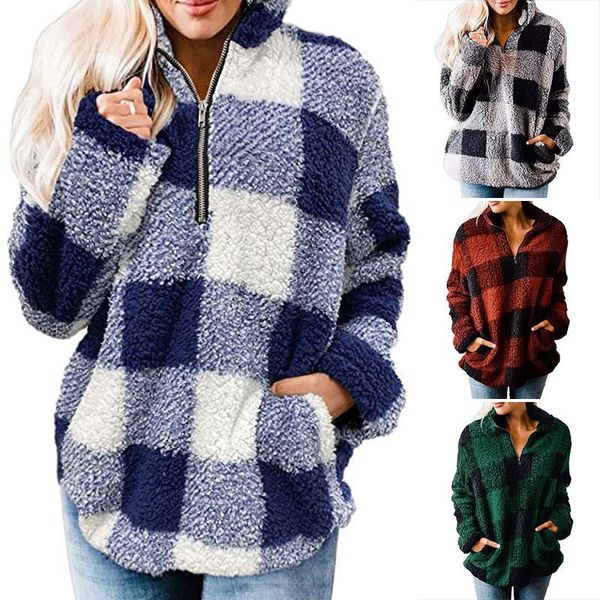 

women's hoodies & sweatshirts women lattice polar fleece sweater fluffy thick sweaters sherpa half zipper pullovers winter, Black