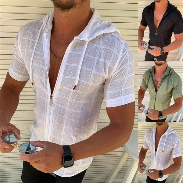 

summer european and american men polos long short sleeved casual fitness running sports v neck zipper hooded striped shirt loose, White;black
