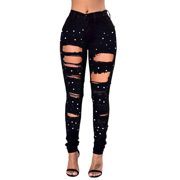 

women's jeans spring autumn embroidered slim skinny women fashion hollow out hole black ripped trousers push up high waist denim(black, Blue