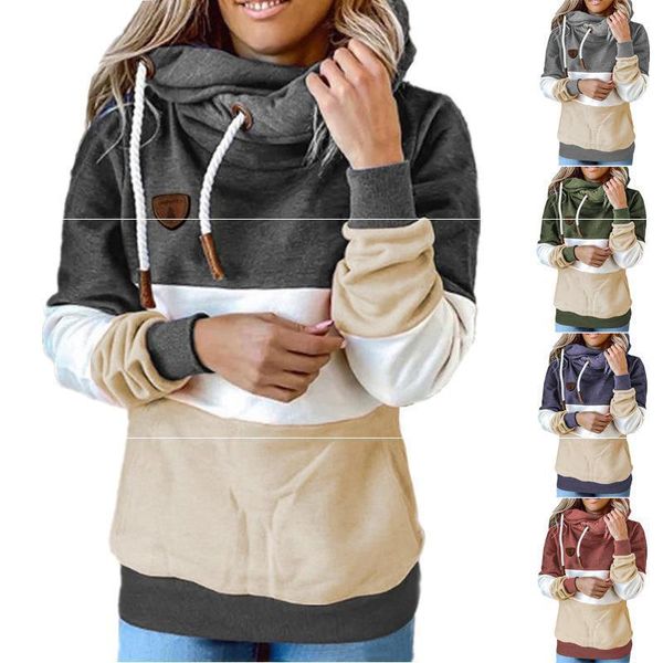 

autumn and winter new women's patchwork hooded sweater loose top, Blue;black