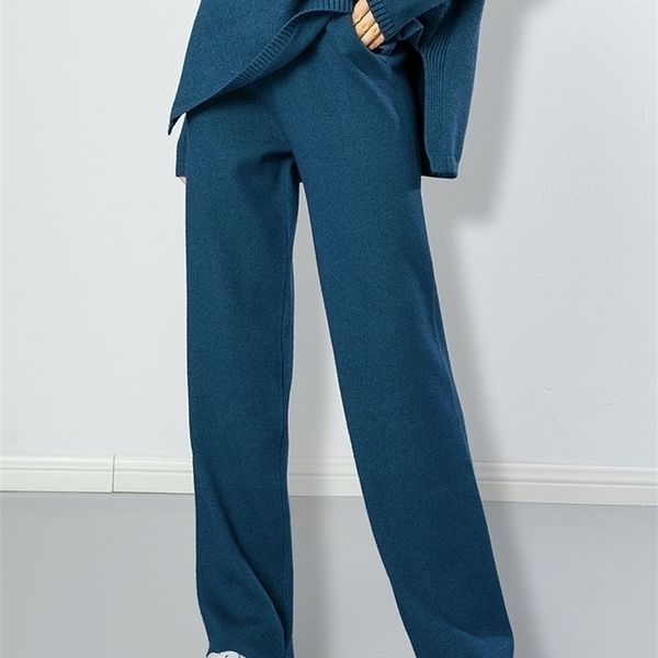 

women elastic waist wide lege trousers thick knitted autumn winter sport pants sweater cashmere 220311, Black;white