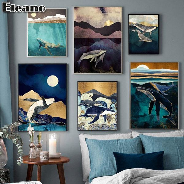 

paintings blue and gold whale animal poster prints landscape abstract art canvas painting interior decoration for home wall picture