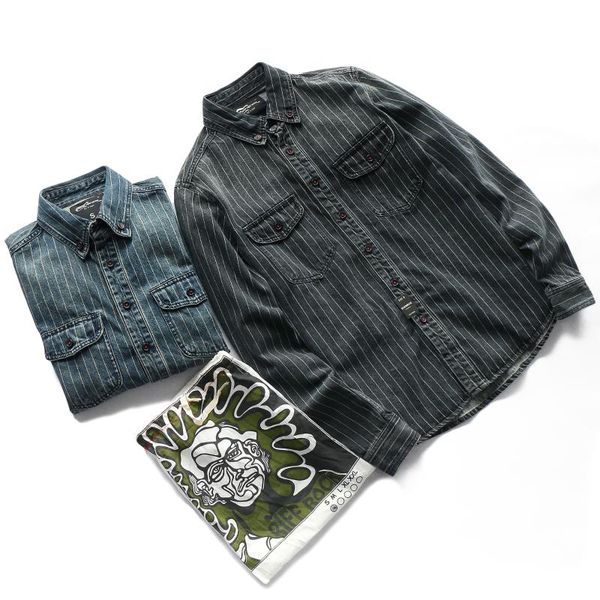 

men's casual shirts european and american retro thick denim tooling stripe shirt fashion pure cotton washed old blouses thin jacket, White;black