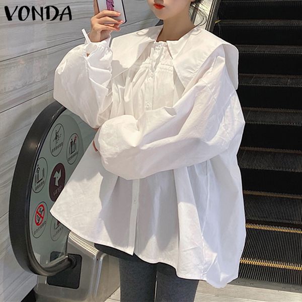 

blouses women tunic female asymmetric 2021 vonda casual long sleeve solid color lapel collar blouse plus size, White