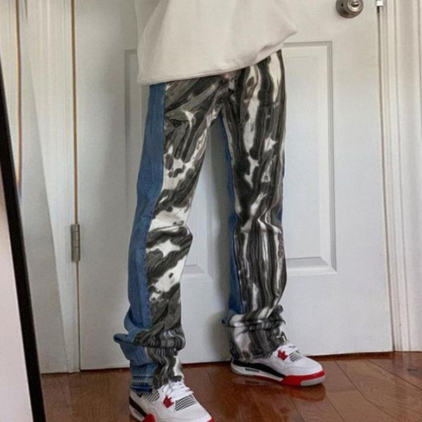 

women's jeans female trousers abstract graffiti printed patchwork straight fashion high waist street wild casual chic denim pants, Blue