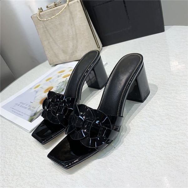 

designer slippers quality classic woman sandals lady summer luxury sandal metal strip buckle leather high heeled shoes coarse, Black