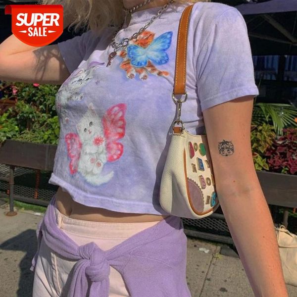 

butterfly printed women's casual short tee shirts purple cotton crew neck crop summer streetwear basic 90s cuteandpsycho #ba1y, White