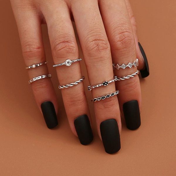 

cluster rings 8 pcs/set vintage silver color crystal knuckle set for women geometric round twist finger ring female fashion jewelry, Golden;silver