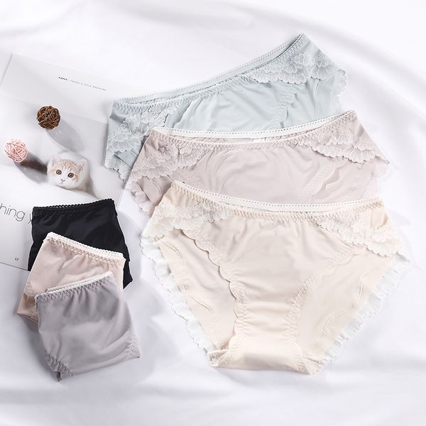 

summer thin ice waist women's underwear lace hollow out student cotton briefs, Black;pink