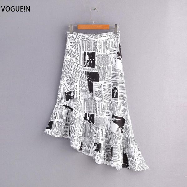 

skirts voguein womens fashion vintage spaper print ruffled asymmetrical midi skirt wholesale, Black