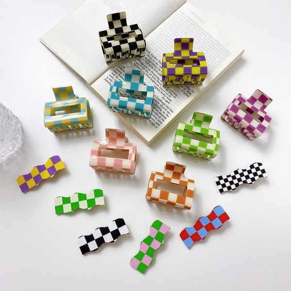 

hair clips & barrettes 2021 korea ins fine women hairpins headdress acrylic black white grid fashion square claw for girls accessories, Golden;silver