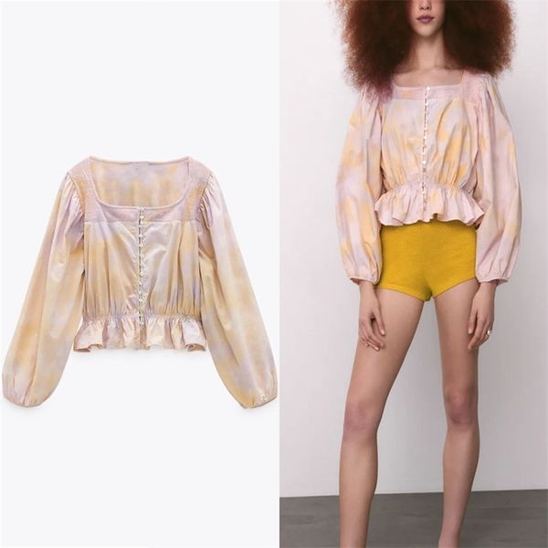 

vintage tie dye cropped blouse women long puff sleeve crochet applique summer shirt chic ruffle elastic loose pleat 210524, White