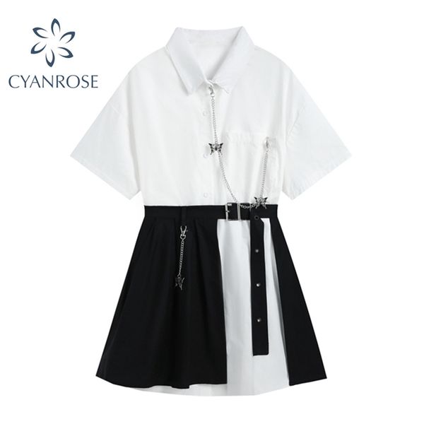 

vintage gothic dress women white short sleeve high waist fake two pieces goth punk streetwear harajuku female mujer 210430, Black;gray