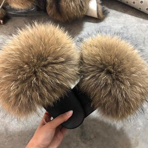 

fur slippers fluffy slides women real raccoon fur flip flops 2021 fashion outdoor sandles, Black